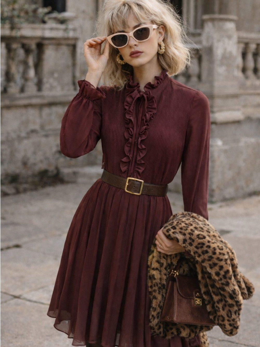 Vintage Queen”s Row, Inc‎ Burgundy Ruffle Pleated Dress  | Size 10